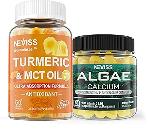 NEVISS Sugar Free Turmeric Curcumin Gummies + Marine Algae Calcium Suplemento 600mg, alta absorción, Vegan