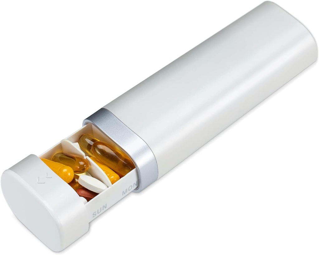 Betife Travel Pill Organizer Semanal 7 Días, Compact Daily Pill Box, Portable Medicine Case, Cute Pill Holder for Vitamins Supplements, Drawer-Shaped Pills Organizer (Pearl White)