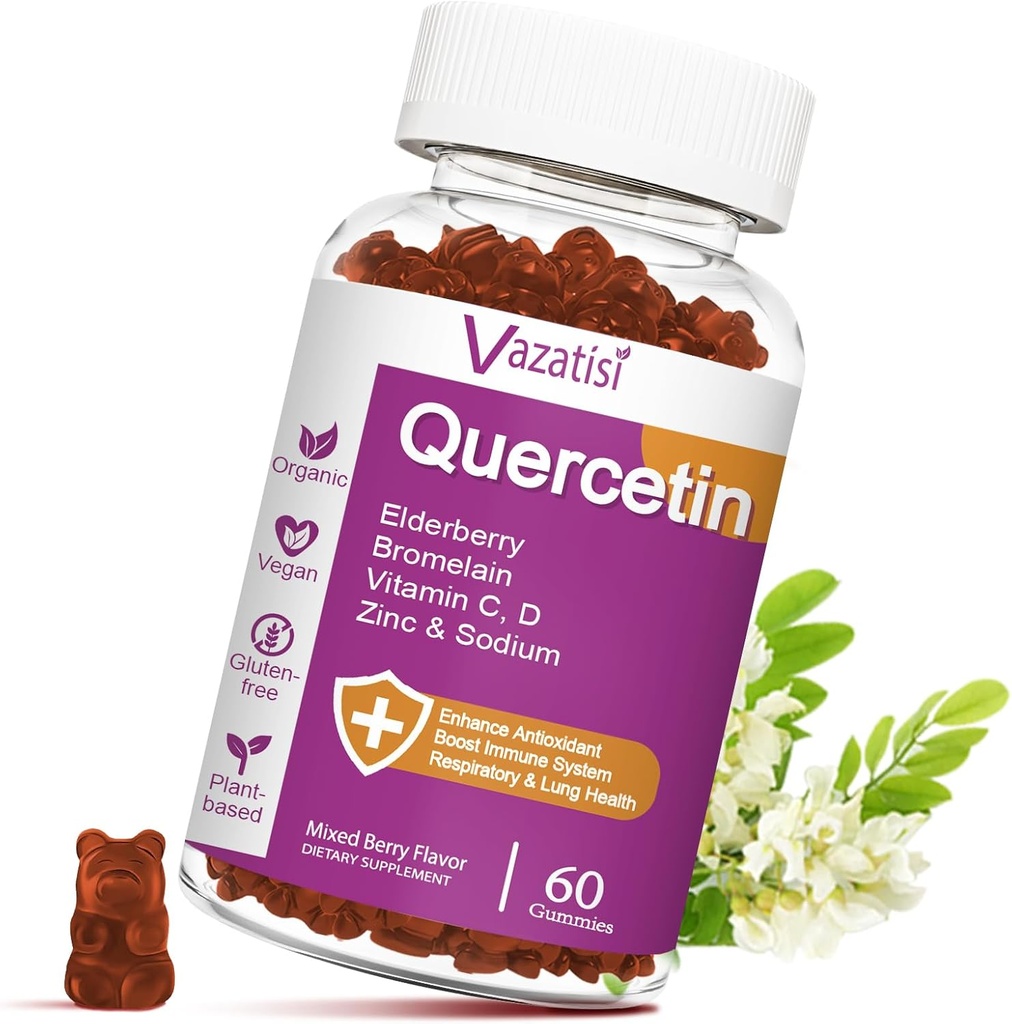 Quercetina Gummies, Quercetina con Vitamina C Zinc, Bromelain, Elderberry y Vitamina D, Apoyo Inmunitario Adultos Niños, Mujeres Hombres, 60 Gummies Chewable