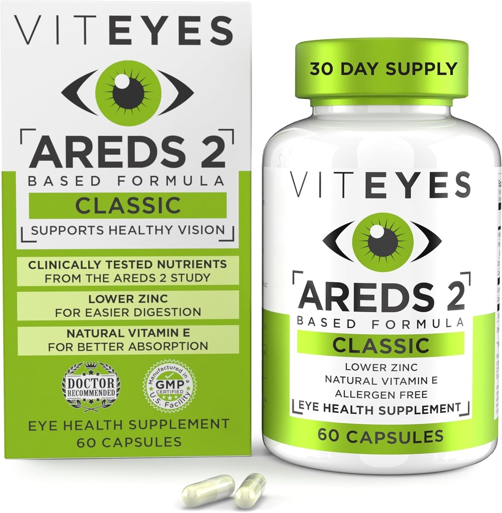 Viteyes AREDS 2 Vitaminas Oculares, Soporte Macular Clásico, Alérgenos Capsules Libres, con Vitamina Natural E, Vitamina C, Zinc, Cobre, Lutein &amp; Zeaxanthin, Eye Doctor Trusted, Manufactured in The USA, 60 Ct