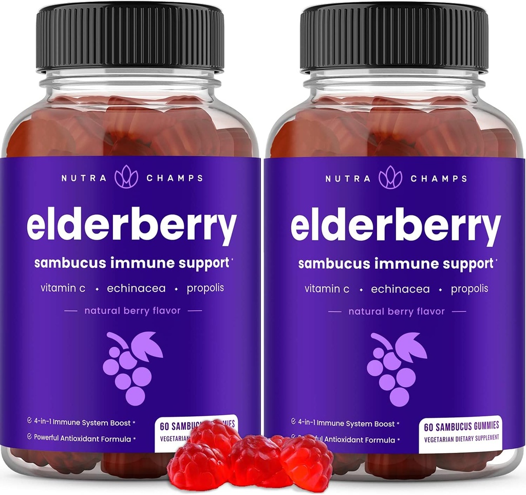 NutraChamps Elderberry Gummies, Sambucus Elderberry Gummies for Adults &amp; Kids, Vitamina C, Propolis & Echinacea, Max Strength Immune Support Gummies, Natural Berry Flavor, 120 Gummies (Pack of 2)