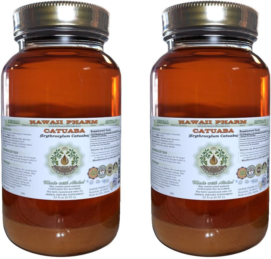 Extracto líquido libre de alcohol en Catuaba (Erythroxylum Catuaba) Barco seco Glycerite Hawaii Pharm Natural Herbal Suplemento 2x32 oz Unfiltered