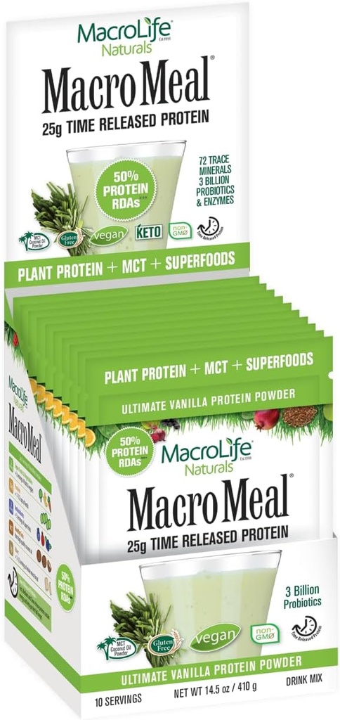 MacroLife Naturals MacroMeal Vegan Vanilla Superfood Suplemento Polvo Proteína + Verdes, Probióticos, Enzimas Digestivos, Fibra - Energía, Detox, Immune - No GMO, Sin gluten- 10 Embalajes