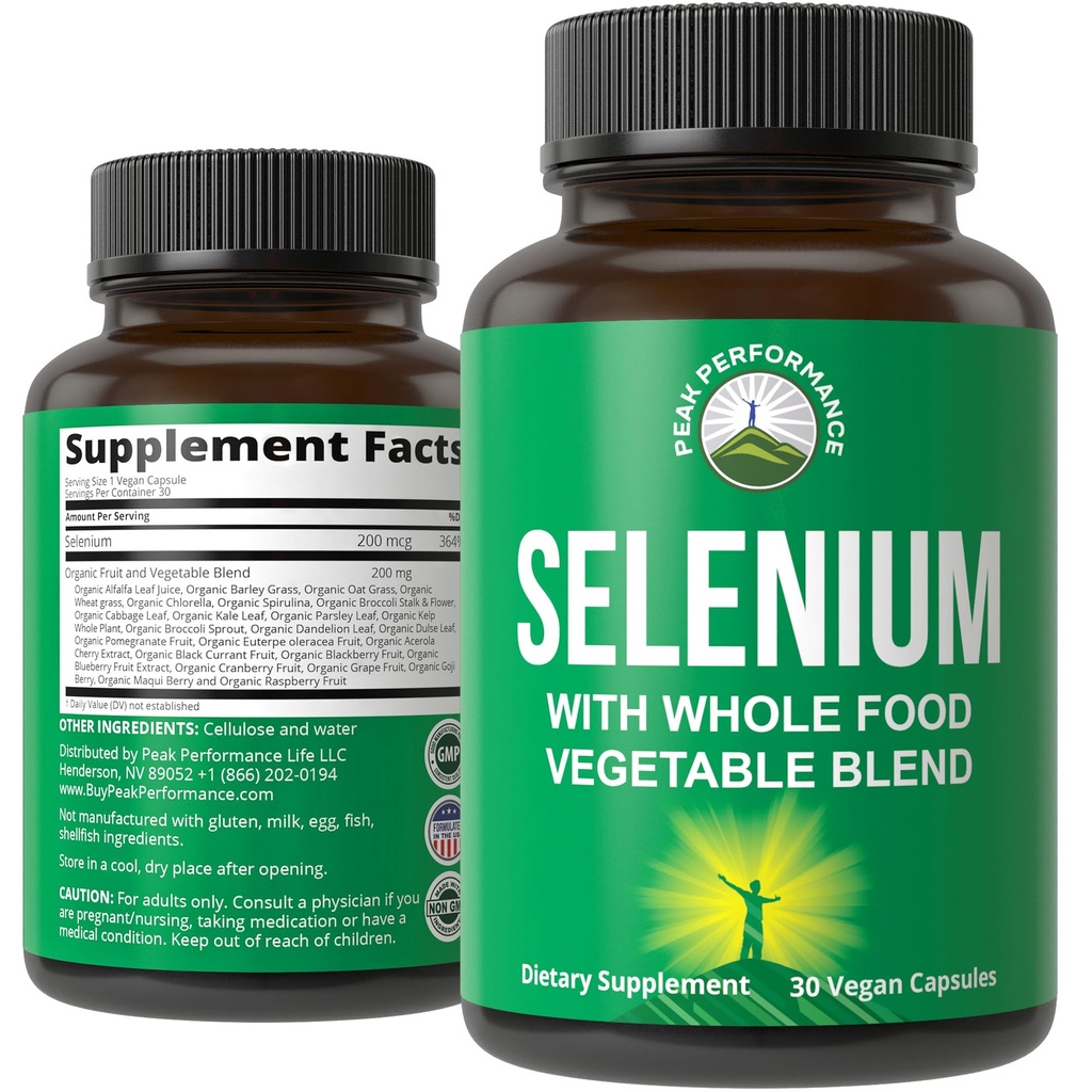 Suplemento de selenio con una mezcla entera de alimentos de 25+ verduras y frutas para la absorción máxima. Pure Selenium Vegan Capsules for Immune System, Thyroid Support, Heart Health, Prostate Support. 30 pastillas