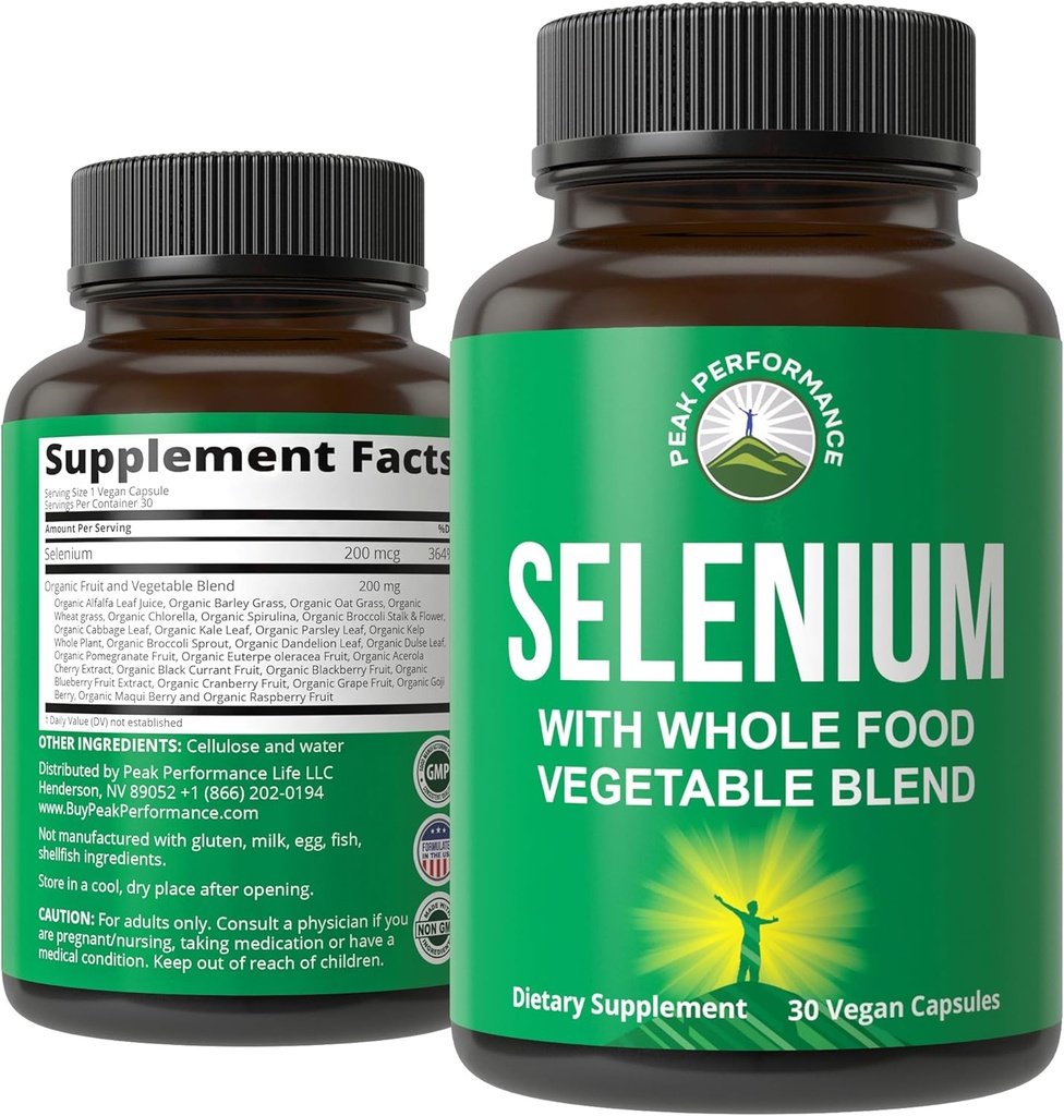 Suplemento de selenio con una mezcla entera de alimentos de 25+ verduras y frutas para la absorción máxima. Pure Selenium Vegan Capsules for Immune System, Thyroid Support, Heart Health, Prostate Support. 30 pastillas