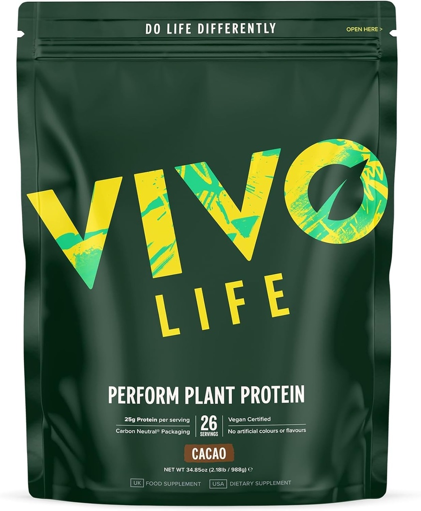 Vivo life Perform Plant Protein Powder | 25g Protein with 6g BCAAs, Iron, Zinc, Turmeric & Herbal Enzyme Blend | Lactose Free & Easy to Digest, Plant-Based Nutrition | Raw Cacao - 26 Servings