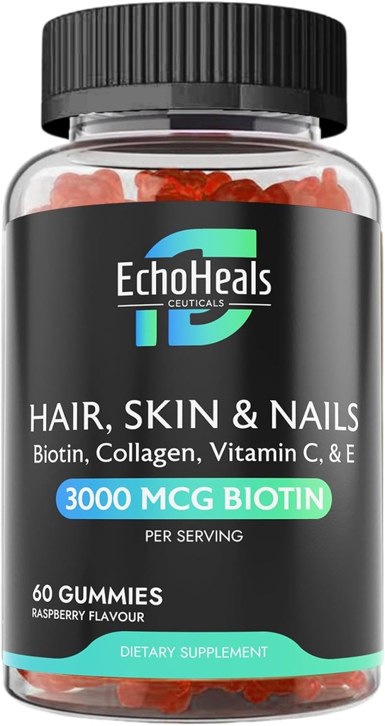 Pelo, Skin &amp; Nail Gummies ← Biotin Collagen Vitamina C &amp; E Suplemento confidencialidad 3000mcg Biotin ← Raspberry Flavored ← 60 Gummies