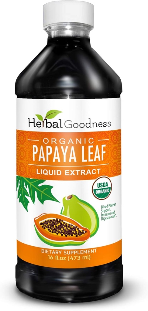 Herbal Goodness Papaya Leaf Extract Platelet Support - 15X Blood Platelet Boost, Bone Marrow &amp; Spleen Support, Immune & Gut Health, Digestive Enzyme - Organic Kosher 16 oz Liquid Extract