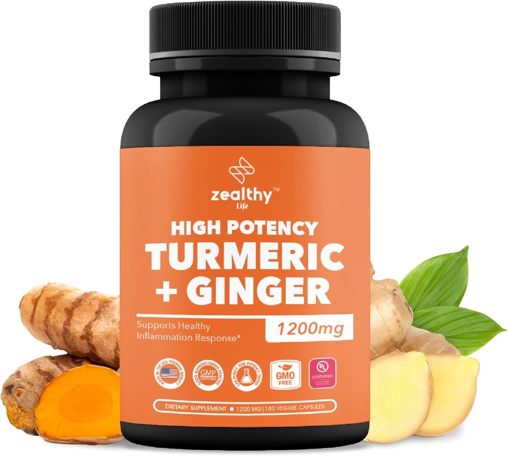 Turmeric + jengibre cápsulas 1200mg ← Confort Conjunto, Inflamación Apoyo &amp; Salud Digestiva* Silencio 180 Conde ← Zealthy Life High Potency Turmeric Ginger Suplemento Silencioso 1200mg