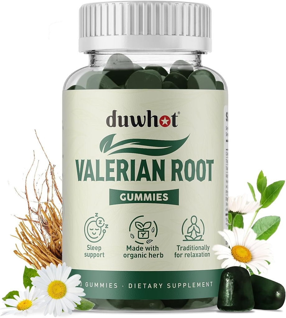 Valerian Root Gummy, Orgánica Valerian Root para el alivio del estrés del sueño, mejorado con flores de manzanilla para adultos, Niños bienvenidos, Apple Flavor, 60 condes