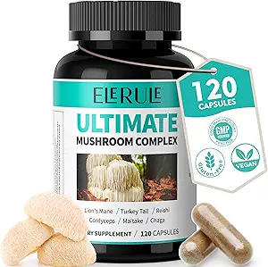 6 en 1 Mushroom Supplement - Focus, Memory, Nootropics Brain &amp; Immune Support Mushroom Complex with Lions Mane, Reishi, Cordyceps, Chaga, Turquía Tail, Maitake (120 Capsules)