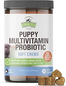 Strawfield Pets' Puppy Multivitamin + Probióticos para perros Puppy Vitaminas con Soporte Conjunto Suplemento para perros &amp; Puppies Tasty Bacon Flavor 120 Soft Chews
