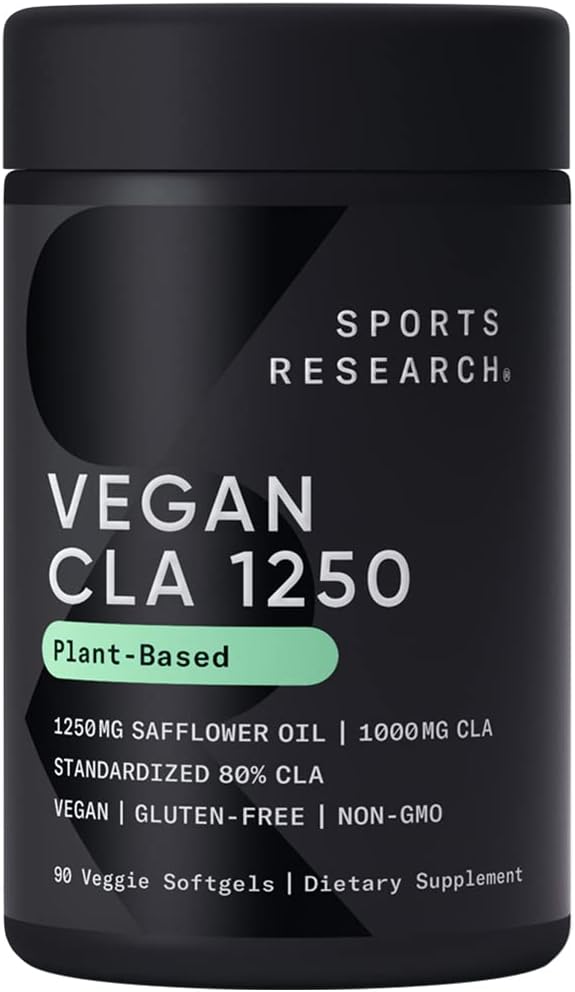 Sports Research Vegan CLA - 1250mg con ácido Linoleico Conjugado Activo para Hombres " Mujeres que viven sin OGM, Soy " Gluten Gratis - 80% (90 Softgels)