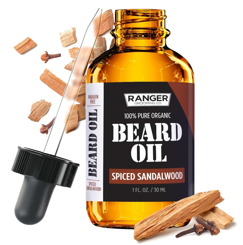 Leven Rose Spiced Sandalwood Beard Oil " Leave In Conditioner by Ranger Grooming Co, 100% Puro orgánico natural para barbas escocidas, bigotes y piel hidratada 1 oz