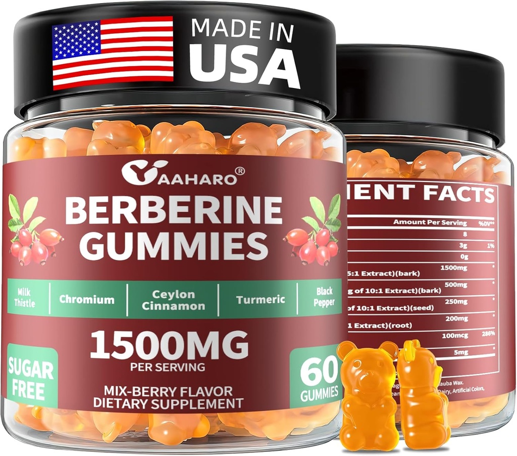 Berberine con Ceylon Cinnamon Gummies - 1500mg Berberine HCI Suplemento con Chromium,Turmeric y Milk Thistle - Immune Support - for Women &amp; Men - 60 Sugar Free Gummies
