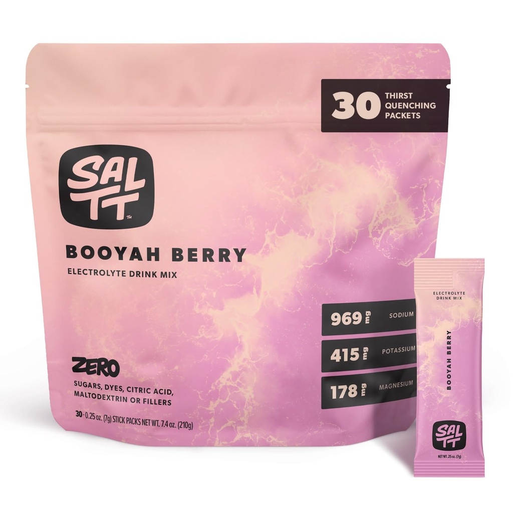 SALTT Electrolytes Powder Flavored Drink Mix - Booyah Berry - 30 Hydration Packets - Magnesium, Potassium, Sodium, Trace Minerals - Zero Sugar & Gluten Gratis - Travel Essentials