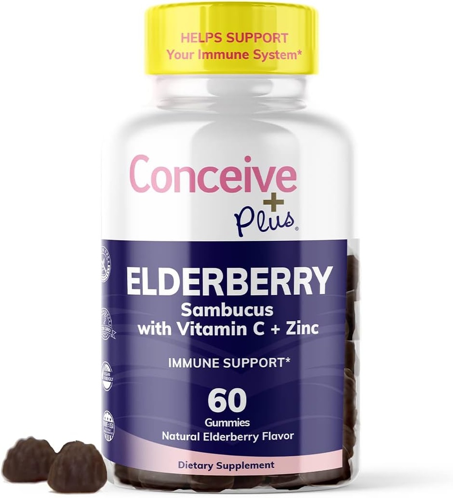 CONCEIVE PLUS Elderberry Gummies – Sambucus Black Elderberry con vitamina C & Zinc, Delicious Blueberry Flavor, 60 Conde, 30 Day Supply