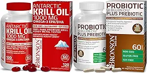 Bronson Probiotic 50 Billion CFU + Prebiótico con Apple Polyphenols & Pineapple Fruit Extrac Antarctic Krill Oil 1000 mg con Omega-3 EPA DHA