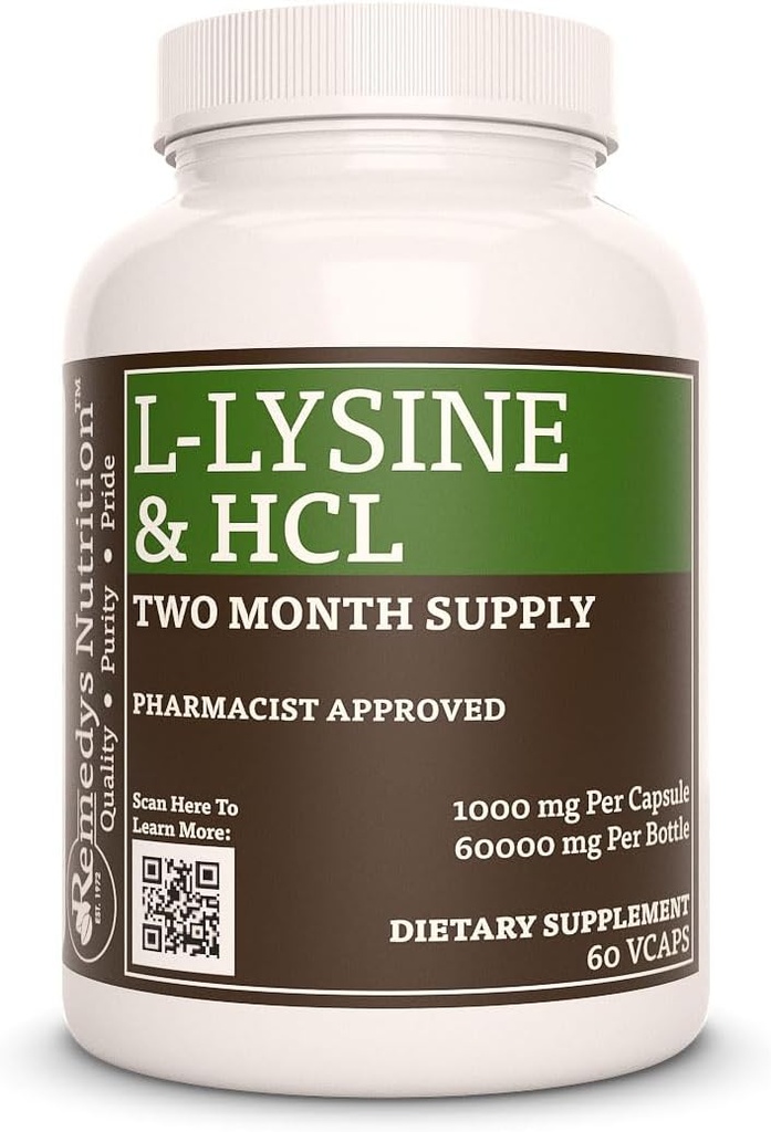 Nutrición de Remedy L-Lysine HCL ANTE 1.000 mg, 60 cápsula vegana Aminoácidos Suplemento dietético TENIDO Dos meses de suministro