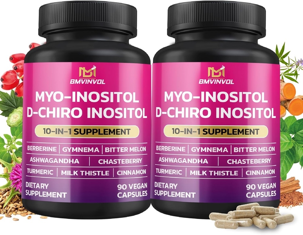 BMVINVOL 2 Pack Inositol Suplemento-Myo-Inositol y D-Chiro Inositol Ideal 40:1 Ratio - Plus Berberine, Cinnamon, Ashwagandha+5 Mas-60 Day Supply