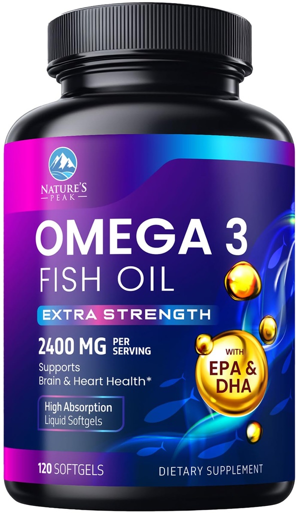 Omega 3 Fish Oil 2400 mg Suplemento, Fuente sostenible, Triple Fuerza Omega-3 Suplemento Softgels, Apoyo a la Salud del Cerebro, EPA & DHA Fish Oil Fatty Acids Suplementos, Gluten & GMO Gratis, 120 Softgels