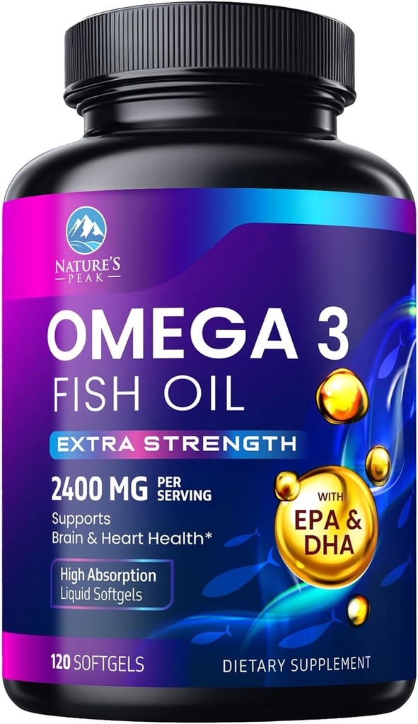 Omega 3 Fish Oil 2400 mg Suplemento, Fuente sostenible, Triple Fuerza Omega-3 Suplemento Softgels, Apoyo a la Salud del Cerebro, EPA & DHA Fish Oil Fatty Acids Suplementos, Gluten & GMO Gratis, 120 Softgels