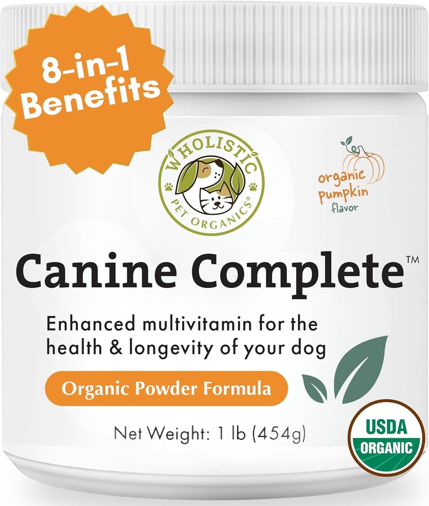 Orgánicas Wholistic Pet Orgánicas Canine Completa - Pólvora Multivitamínica Perro - 1 Lb - Vitaminas y Suplementos diarios para alimentos caseros - Sistema de inmune, Esquía, Carne &amp; Salud general - Pequeña y Gran Gancho