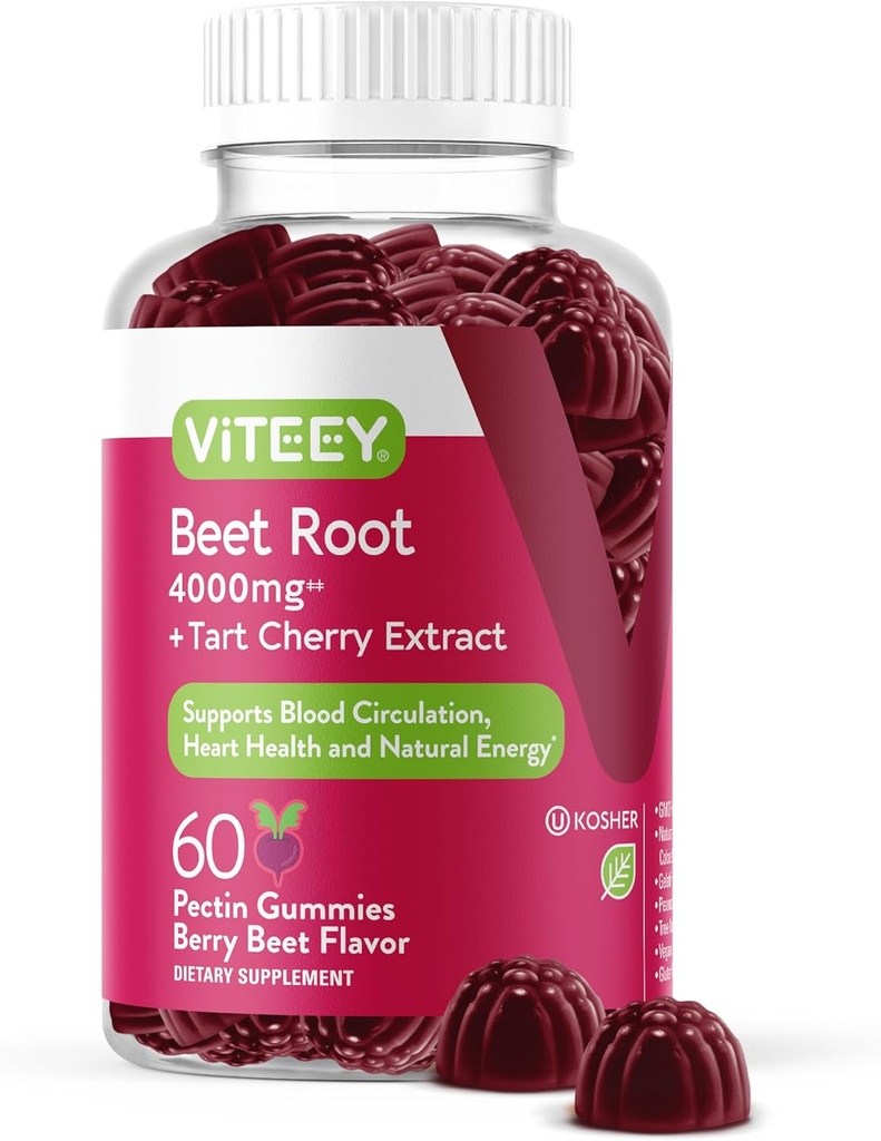 Viteey Beet Root Gummies 4000mg con Tart Cherry - para la presión arterial saludable Soporte - Vegan, Gelatin Gratis, Gluten Gratis - Tasty Chewable Berry Beet Flavored Gummy