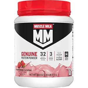 Muscle Milk Genuine Protein Powder, Strawberries 'N Crème, 1,93 libras, 13 servidos, 32g Protein, 3g Azúcar, Calcio, Vitaminas A, C &amp; D, NSF certificado para el deporte, Energizing Snack, Packaging May Vary