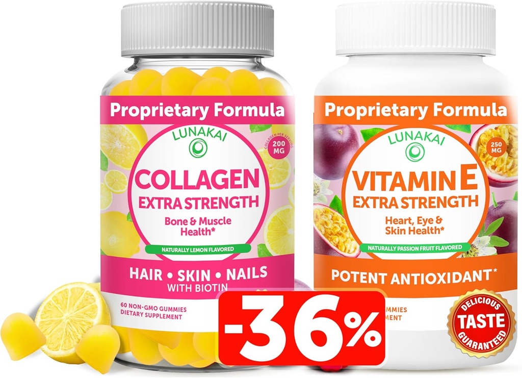 Lunakai Collagen y vitamina E Gummies Bundle - Suplementos antienvejecimiento no transgénico para mujeres - Gummy natural con vitamina C &amp; 250 mg Natural VIT E
