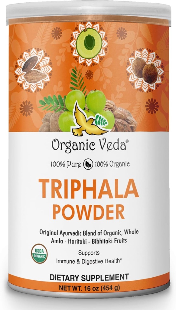 Orgánica Veda Triphala Powder con Amla, Haritaki, Bibhitaki Frutas - 100% Natural Ayurvedic Triphala Powder - Mejora el soporte inmunitario, Digestión, Colon Cleanse, Skin Health - Vegan, Non-GMO - 16oz