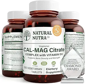 Natural Nutra Cal-Mag Citrato con vitamina D3,1000/500 mg Complejo, Fortalecer la Densidad del Hueso, el Musculo y la Salud del Nerve, Ayuda Mantener los dientes saludables, Fuentes altamente biodisponibles, 250 Tabletas Veganas