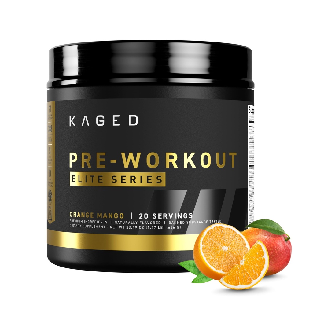 Kaged Pre Workout Powder Pre-Workout Elite for Men &amp; Women, High Stimulant for Energy, Focus, Pumps, L-Citrulline, Beta Alanine, Creatine &amp; 388mg of Organic Caffeine, Orange Mango