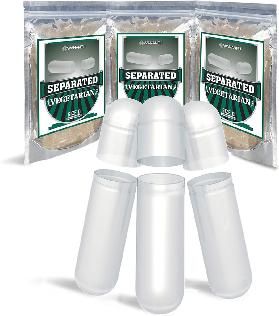 wananfu Pre-Separated Empty Capsules 0 Vegetariano (1000 Cuenta), Clear Fillable Veggie Pill Capsules Tamaño 0 para hacer sus propios suplementos