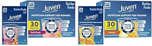 Juven Therapeutic Nutrition Drink Mix Powder for Wound Healing Support, Includes Collagen Protein, Orange 30 Count & Fruit Punch 30 Count, 60 Total Packets