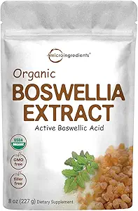 Micro Ingredientes Boswellia orgánica Extract Powder, 8 onzas, Boswellia pura Suplemento con 65% de ácido boswellico, soporta articulaciones, rodillas y huesos Salud, No GMO, Pet Friendly, India Origin