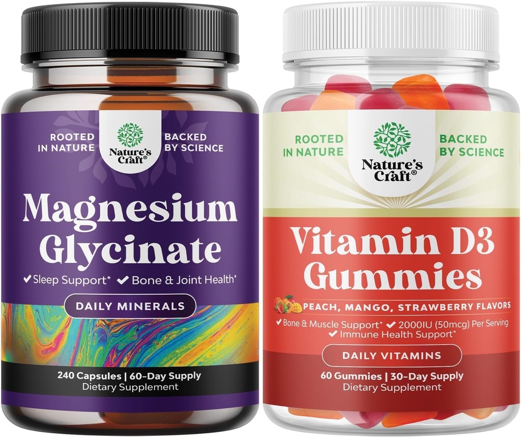 Bundle of Pure Magnesium Glycinate 400mg Por Serving for Mood Sleep and Relaxation 240ct and Vitamin D3 Gummies for Daily Wellness or Bone Muscle & Immune Support
