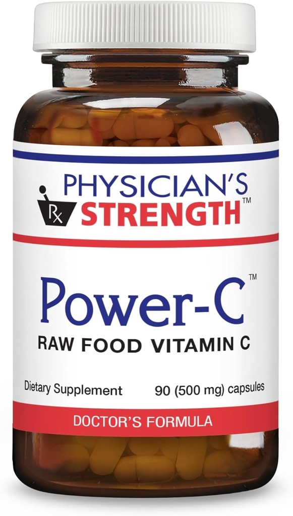 Physician's Strength Power-C - 90 Capsules - Raw Food Vitamin C + Flavonoids de Camu Camu, Acerola Cherry, Rhus coriaria & Rose Hip - Kosher - 30 Servings
