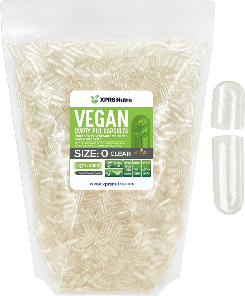 XPRS Nutra Size 0 Empty Capsules - 5000 Cuentas Clear Empty Vegan Capsules - Vegetarian Pills - DIY Vegetable Capsule Filling - Veggie Pill Caps for Do-It-Yourself Suplementos