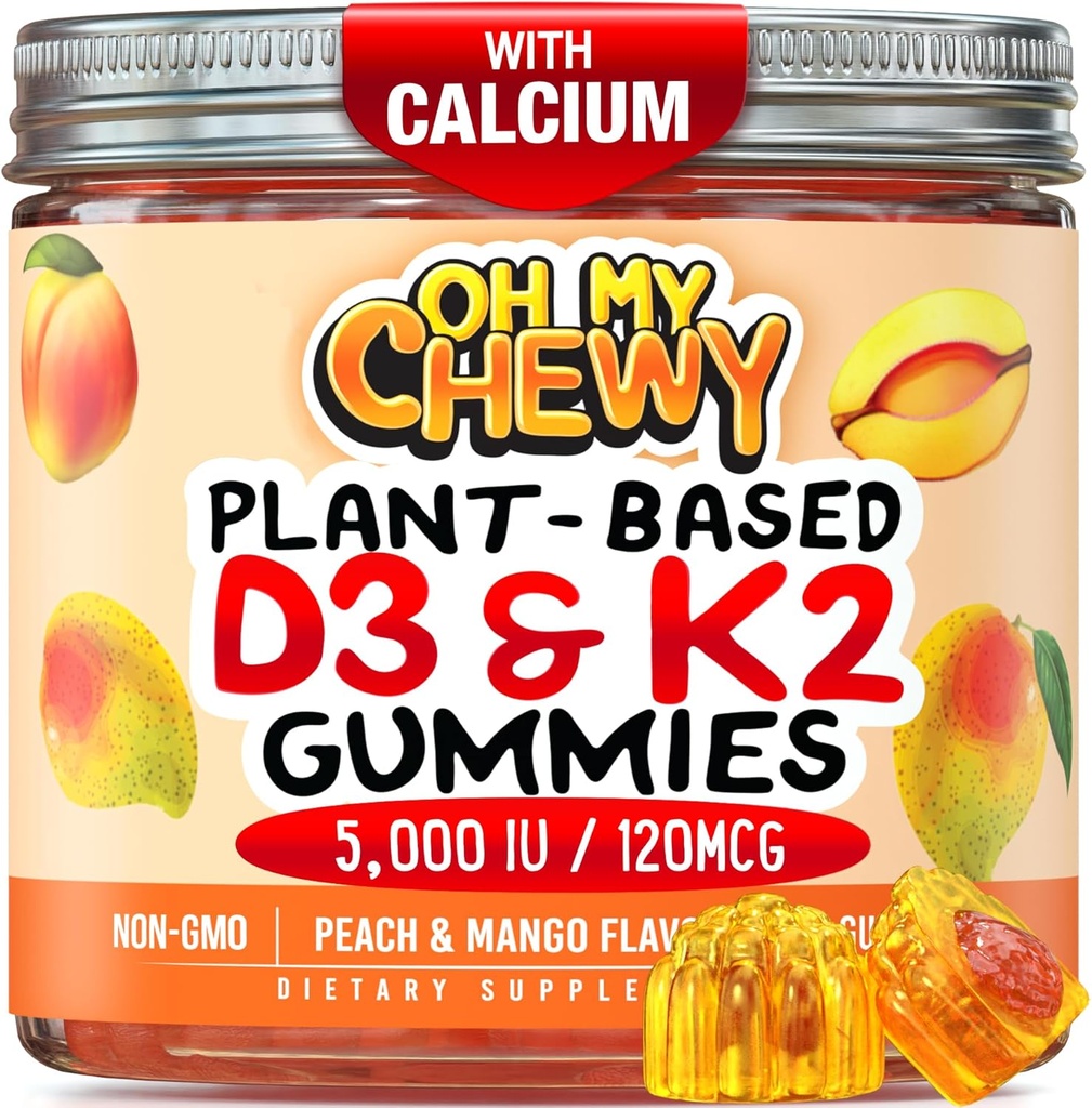 Centro-Filled Vitamina D3 K2 Gummies - Niños, Adolescentes & Adultos - Suplemento para Dientes Saludables, Huesos, Energía &amp; Inmunidad - 5000 UI D3, 120 mcg K2(MK-7), 120 mg Calcium - Vegan &amp; Non-GMO - 60 Conde