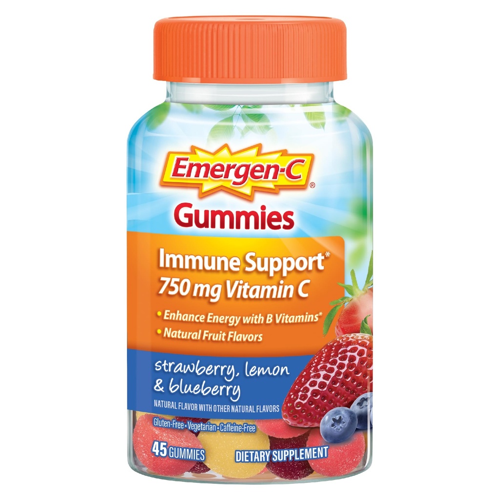 Emergen-C 750mg Vitamin C Gummies for Adults, Immune Support Gummies, Gluten Free, Strawberry, Lemon and Blueberry Flavors, Back to School Essentials - 45 Count