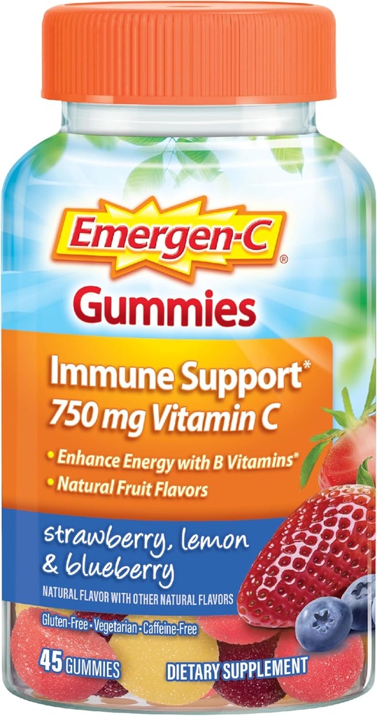 Emergen-C 750mg Vitamina C Gummies for Adults, Immune Support Gummies, Gluten Free, Strawberry, Lemon y Blueberry Flavors - 45 Condes