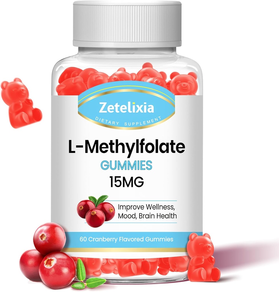 L-Methylfolate 15mg &amp; Methyl B12 Gummies, Folate Supplement for Brain Health, Mood &amp; Immunity, DNA Synthesis &amp; Repair, Sugar Free, Vegan, Cranberry Flavor, 60 Conde