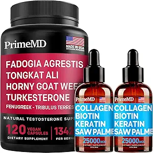 Liquid Collagen Biotin (2pk) and Fadogia Tongkat Ali (1pk) Supplement Bundle - Potent Vitamins for Hair, Skin, Nails, Heart, Energy, & Testosterone Support - Non-GMO, Vegan