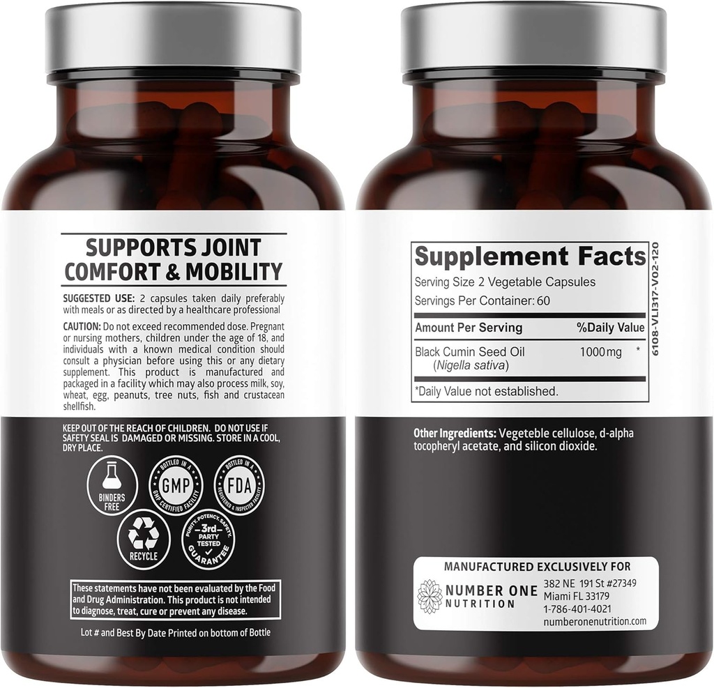 Número 1 Nutrición N1N Premium Black Seed Oil [Max Strength, 1000 mg] 100% Cold-Presed Nigela Sativa para soportar la digestión, sistema inmunológico y comodidad y movilidad conjunta, 120 caps