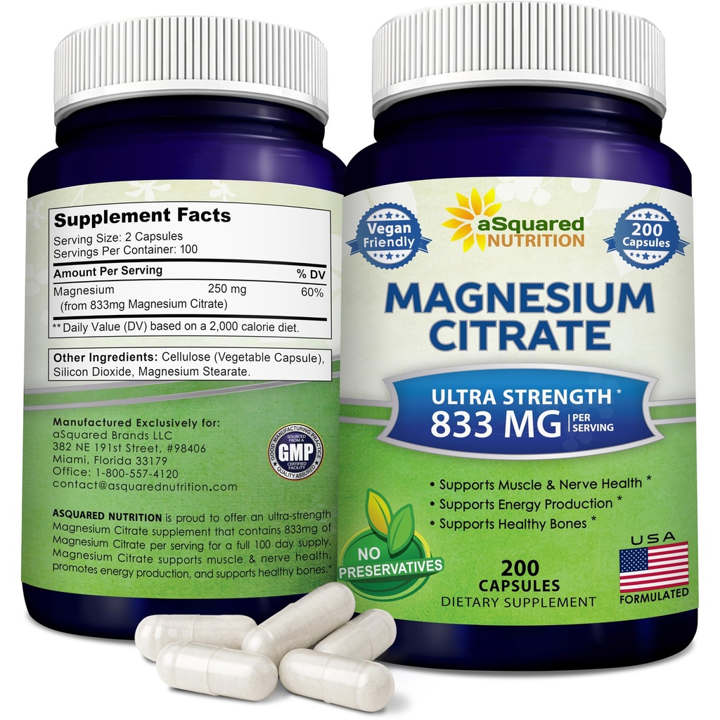 aSquared Nutrition Magnesium Citrate 833mg Suplemento - 200 Capsules - Max Strength Vegan Mag Citrate Powder píldoras para apoyar la función pura de los músculos, los huesos del corazón - Ayuda a aumentar la energía