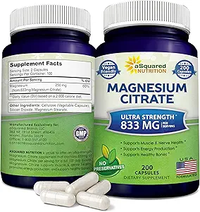 aSquared Nutrition Magnesium Citrate 833mg Suplemento - 200 Capsules - Max Strength Vegan Mag Citrate Powder píldoras para apoyar la función pura de los músculos, los huesos del corazón - Ayuda a aumentar la energía
