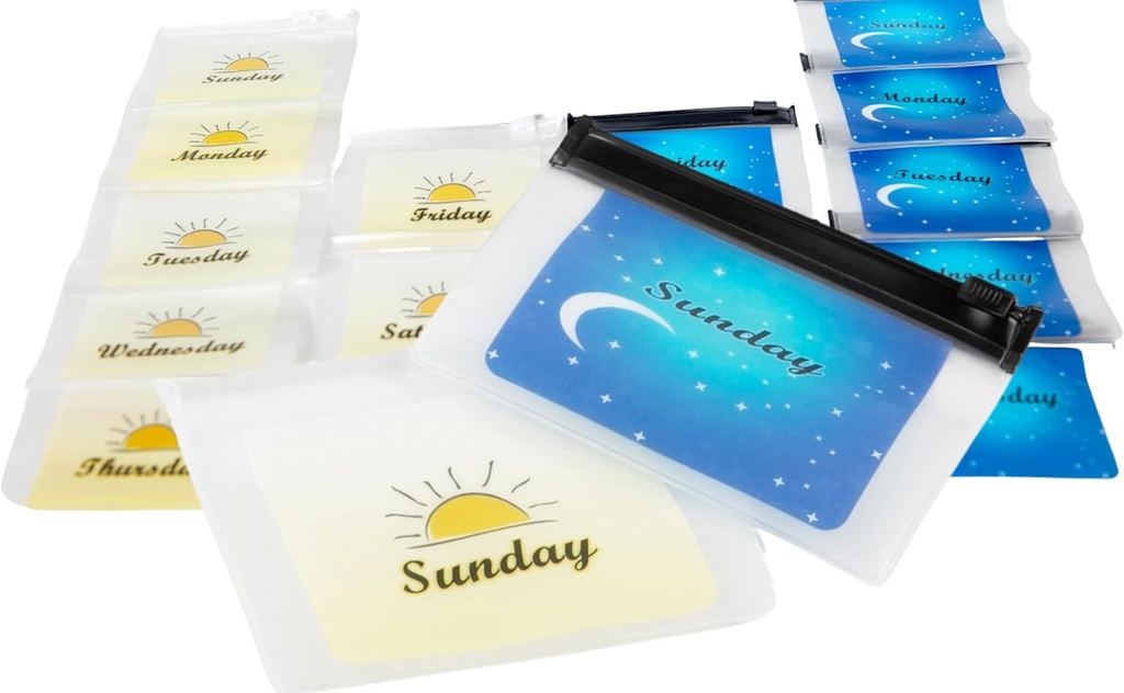 Baggies de plástico reutilizables para Am Pm Travel Med Farmacia de bolsillo, Código de color, Días premarcados de la semana Organizador de píldoras 2 veces al día para la medicina, vitaminas, 4x3 Cierre de crema de zinc