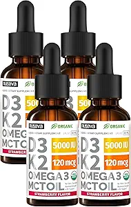 (4 Pack) Vitamina Orgánica D3 K2 gotas con aceite MCT Omega 3, 5000 UI - Maximum Strength Vitamin D Liquid, No Fillers, Líquido no GMO D3 para la absorción más rápida y soporte inmunológico (Strawberry, 4 Fl Oz)
