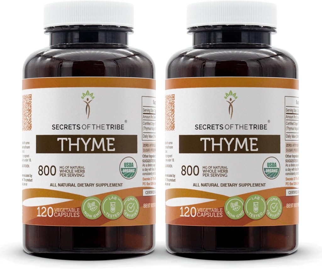 Secretos de The Tribe Thyme 2x120 Capsules, Hecho con cápsulas vegetales y USDA Organic Thymus Vulgaris Toni Effect (2x120 cápsulas)